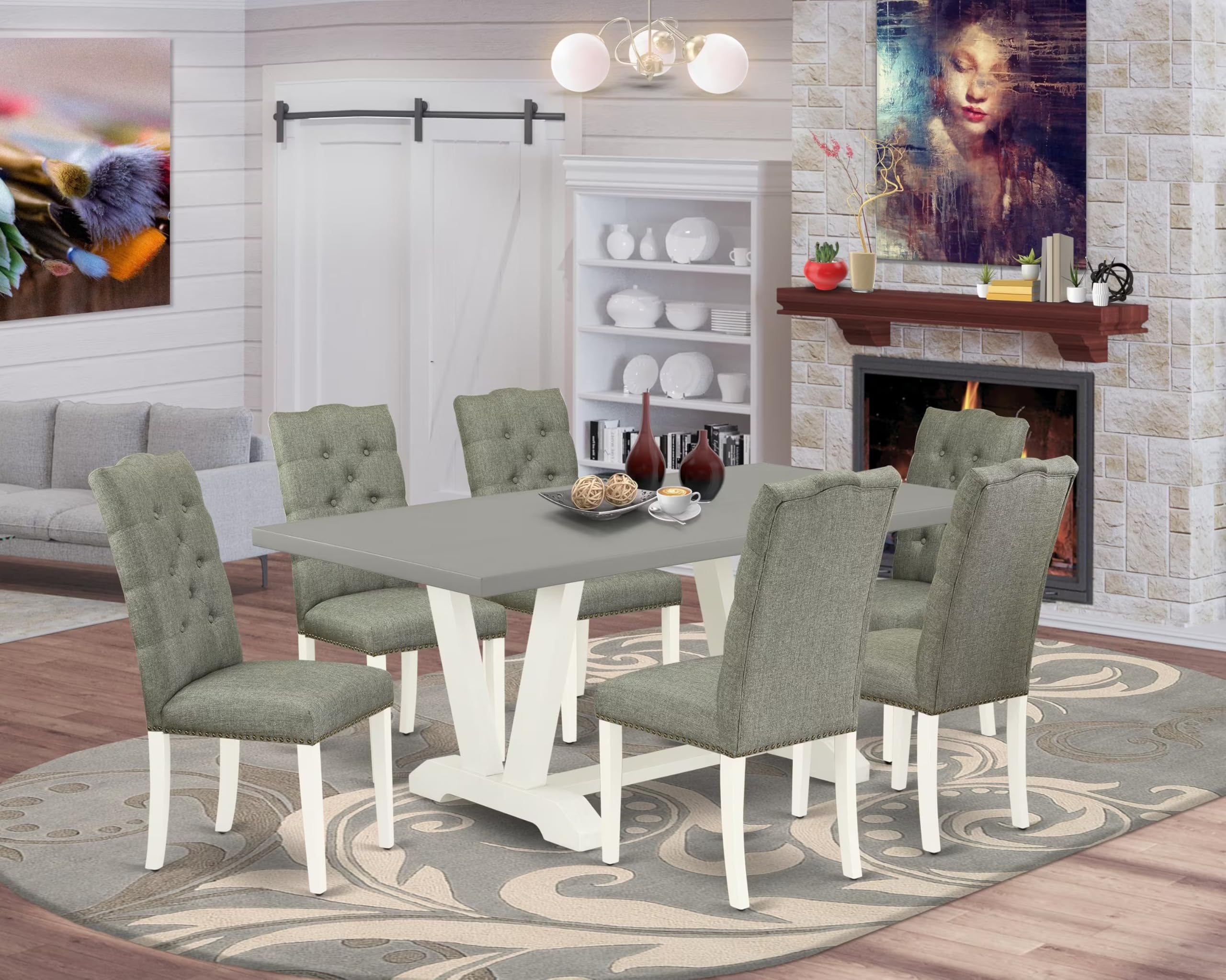 East West Furniture V097El207-7 7 Piece Dining Table Set Consist Of A Rectangle Kitchen Table With V-Legs And 6 Gray Linen Fabric Parson Dining Room Chairs, 40X72 Inch, Multi-Color